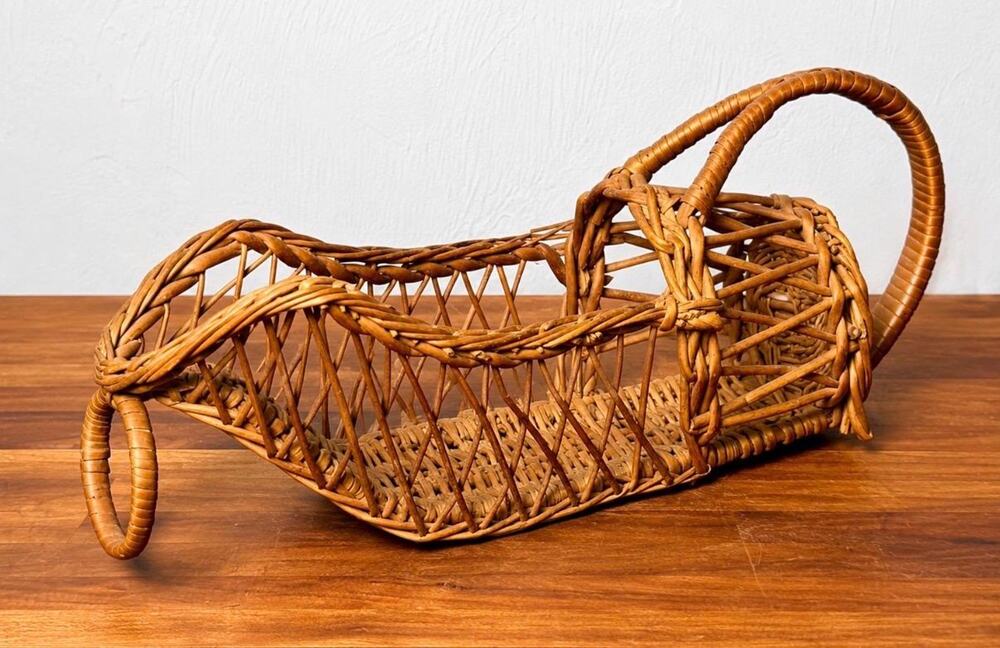Vintage Wicker Wine Bottle Cradle | 1970s Rattan Wine Basket | Boho Barware
